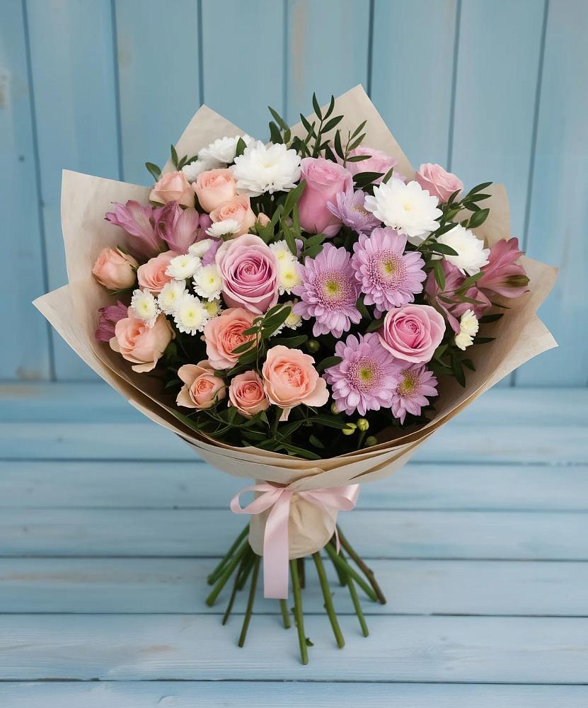 Букет цветов из: Хризантемы, Розы и Альстромерии в Вырице