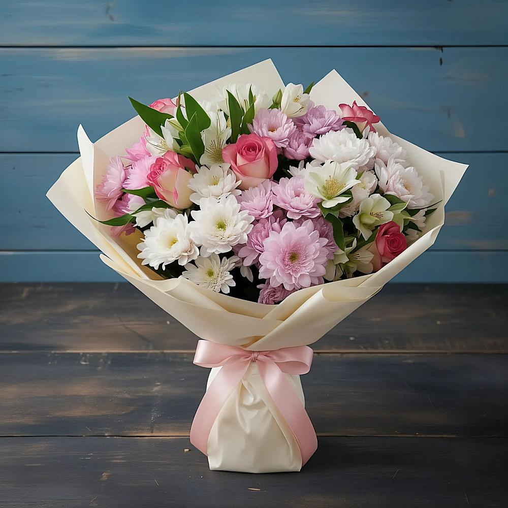 Букет цветов из: Хризантемы, Альстромерии и Розы в Вырице